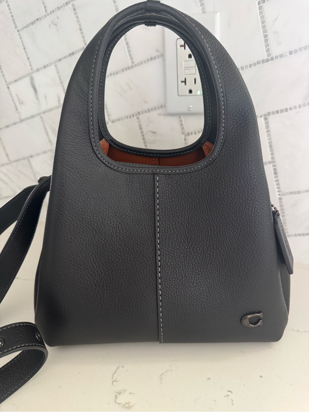 Coach Black Leather Shoulder Bag with Brown Interior